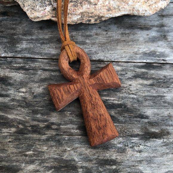 Hand-Carved Mahogany Wooden Ankh Necklace - Picture 5 of 9